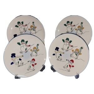 Temptations Snowman Salad/Dessert Plates 7.5" Set Of 4 Porcelain Winter Fun Holi